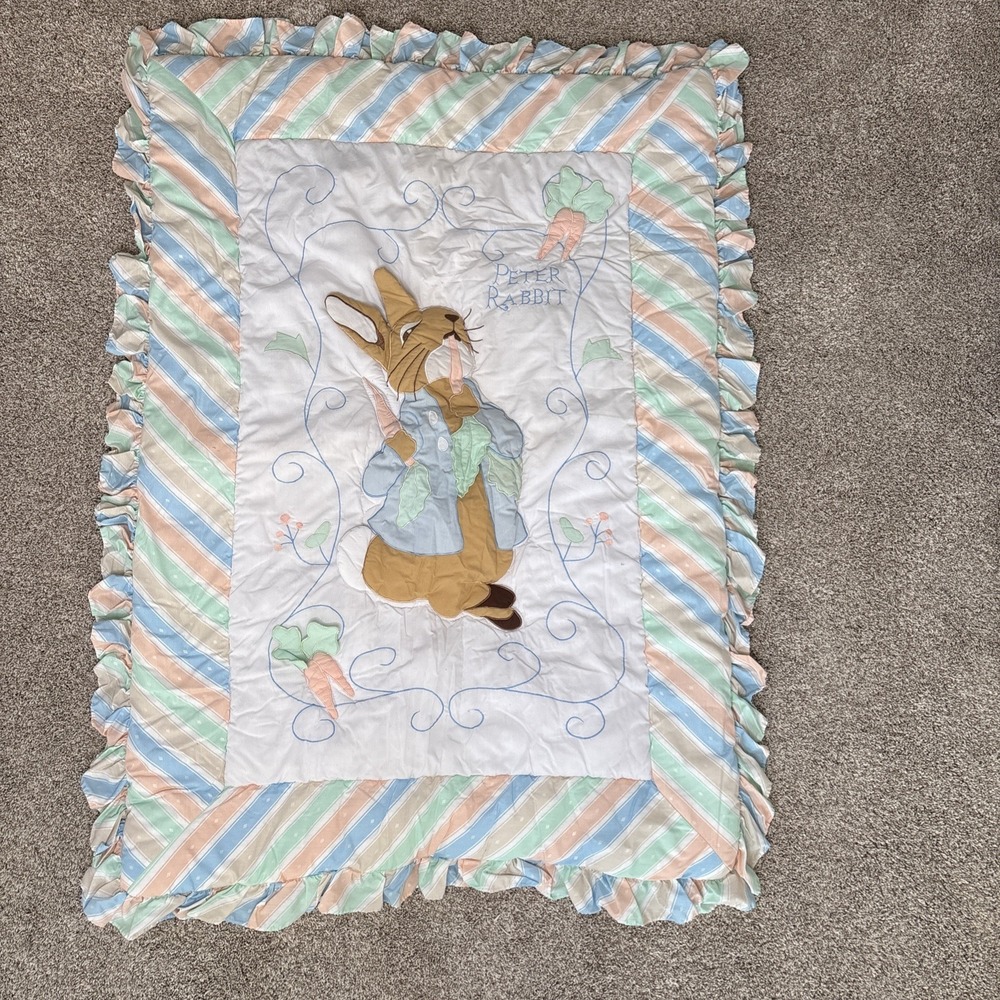 Vtg Peter Rabbit Beatrix Potter Nursery Crib Quilt Wall Hanging Pastel Easter